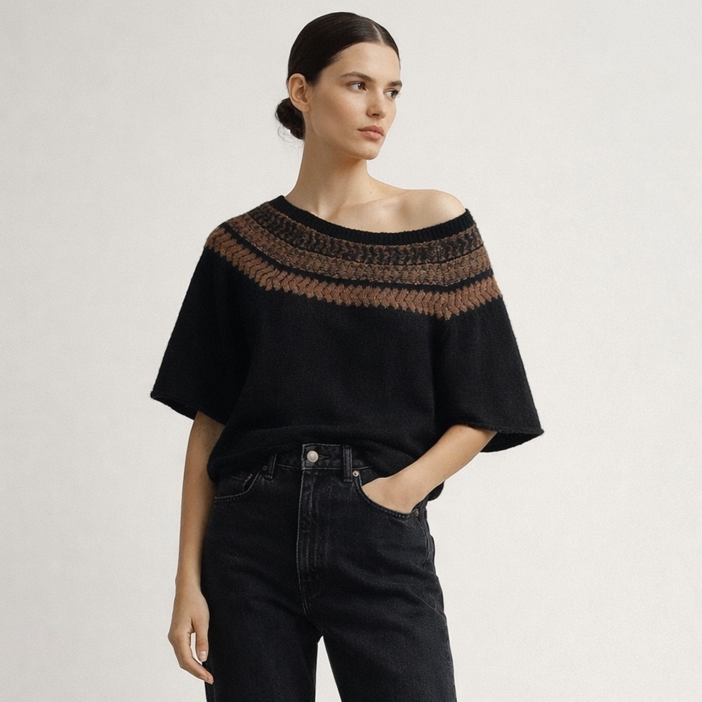 Free People black & brown wool mohair linen blend short sleeve swing sweater. S
